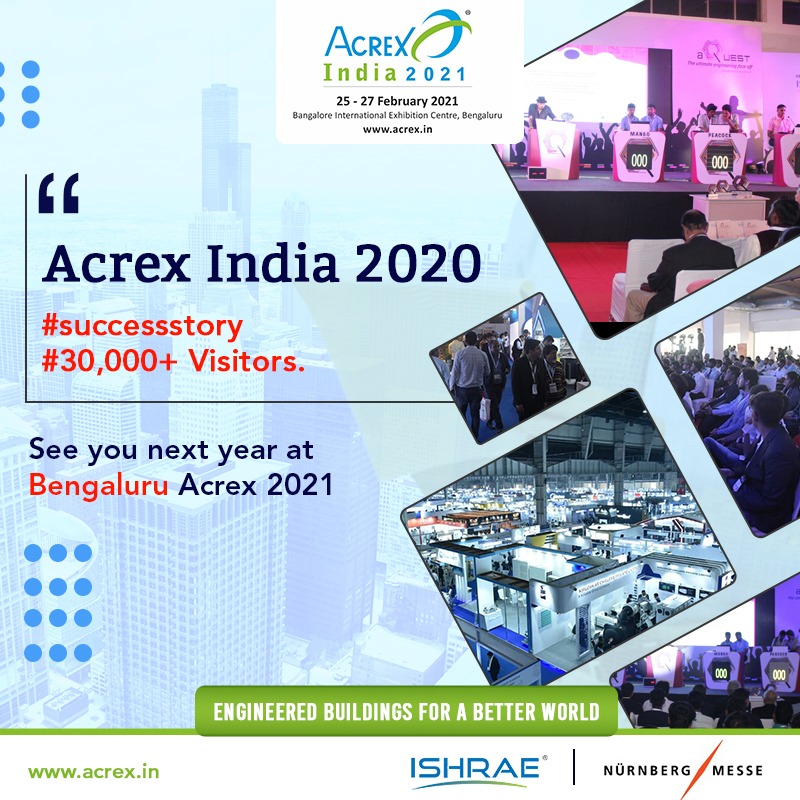 ACREX2021's tweet photo. ACREX India 2020 was yet another success story.
It registered more than 30,000+ visitors and 400+ exhibitors from all across the world. We are looking forward to hosting you at ACREX India 2021 at Bengaluru.

#EngineeredBuildingForABetterWorld

#ishrae #acrex2021 #hvacevent #hvac https://t.co/B4ZQgMQvdd