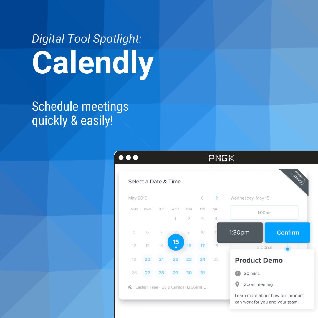PNGKtech's tweet photo. Today's digital tool spotlight: Calendly!⁣
⁣
@Calendly helps you schedule meetings without the back-and-forth emails. Plus, it integrates with Gmail and Google Calendar to make scheduling even easier.⁣
⁣
https://t.co/C0Pnu2RL37 https://t.co/dTNJmMbsbX