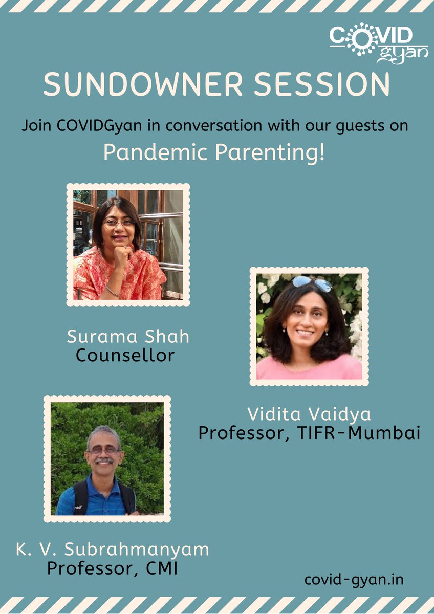 BLiSC_India's tweet photo. The next #COVIDGyan #SundownerSession focuses on Pandemic #Parenting! Join the conversation with Surama Shah, @ViditaVaidya, &amp; K. V. Subrahmanyam. Chime in with your stories, &amp; bring your #teens online to share their experiences!

6pm | 21 May

Register: https://t.co/xskheY9BRp https://t.co/CSIchEcncb