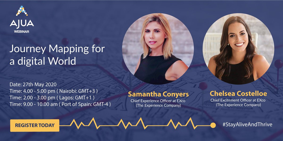 Ajua_Africa's tweet photo. Existing customer journey maps have been disrupted by the Coronavirus pandemic. Join #CustomerExperience experts Samantha Conyers and Chelsea Costelloe from EXco to learn how to streamline your #CustomerExperience to #StayAliveAndThrive. Register today: https://t.co/InzZHvwsrY https://t.co/stoAk8BWHH