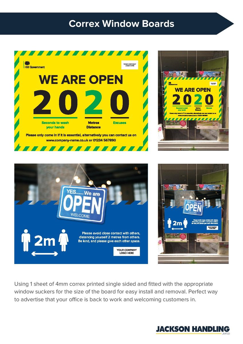 jacksonhandling's tweet photo. Helping you safely back to work, we can offer the perfect signage packages for you From Clear desk screens to Pavement signs and Bollard Covers. Contact us today for a quotation 01964 626778 sales@jacksonhandling.co.uk
#workplacesigns #deskscreen #floorstickers https://t.co/DC1RTB10Rp
