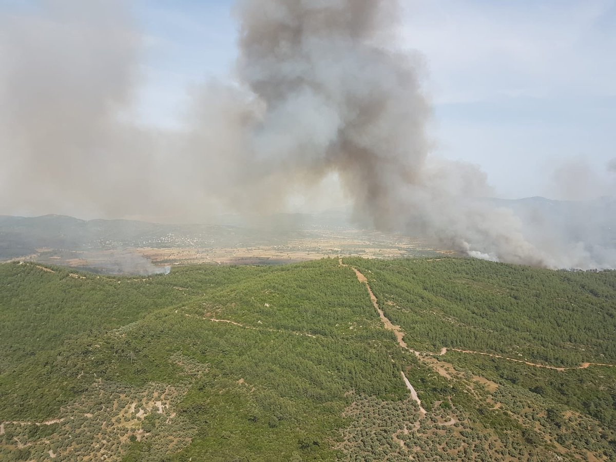 OGMgovtr's tweet photo. #Muğla Kısırlar mevkii yakınlarında 15.33’de başlayan orman yangınına saat 15.45 itibari ile ilk müdahale yapılmıştır. 🔥🚒🧯
3 Helikopter, 30 arazöz, 3 dozer, 3 su ikmal tankı ile birlikte kahraman personelimiz yangına karşı canla başla mücadele ediyorlar. 
Dualarımız sizlerle🤲 https://t.co/oHWGIVSLLJ