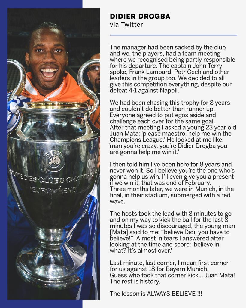 ESPNFC's tweet photo. Didier Drogba reveals the real story behind Chelsea's 2012 Champions League win 🏆 https://t.co/cFxWLuu9TP
