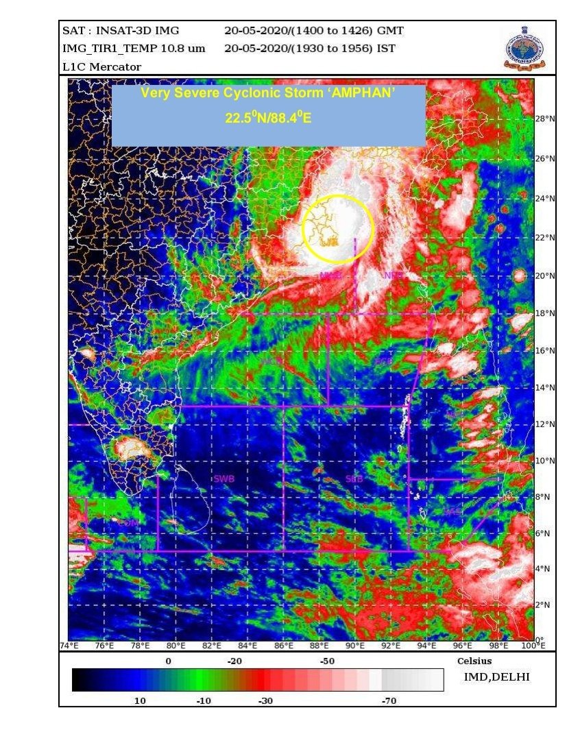 ndmaindia's tweet image. #CycloneAmphanUpdate :: Latest Hourly Update

The Very Severe #CycloneAmphan lay centered at 1930 HRS IST of today, 20th May 2020, over #WestBengal near LAT. 22.6°N &amp;amp; LONG. 88.5°E, close to #Kolkata.

@IMDWeather #Cyclone