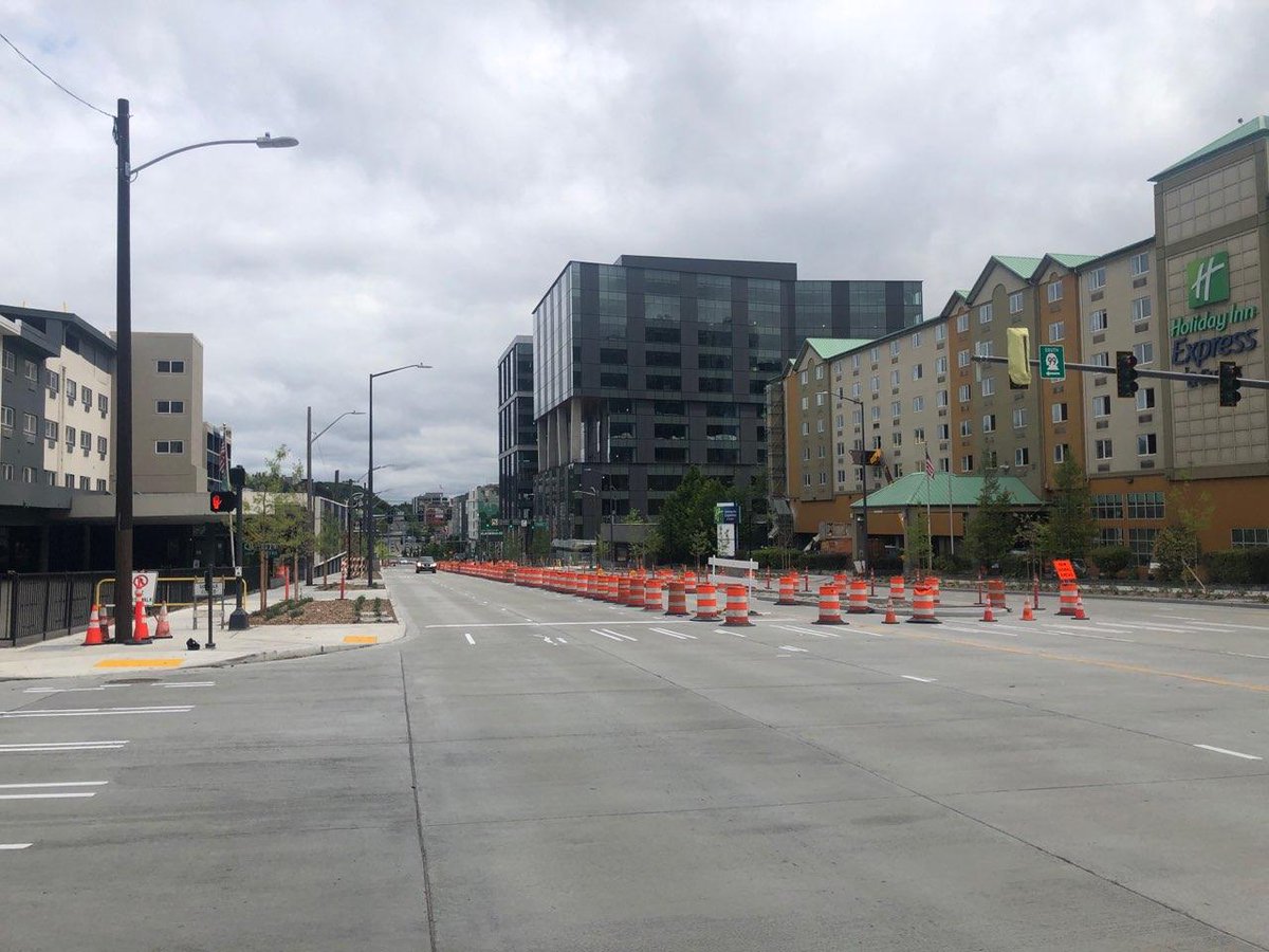 Orange barrels line the middle of Seventh Avenue North with two lanes open on either side