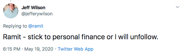 ramit's tweet image. Please observe a moment of silence for the sad events of yesterday, when random twitter follower Jeff Wilson followed through on his threat to unfollow me because I did not "stick to personal finance"