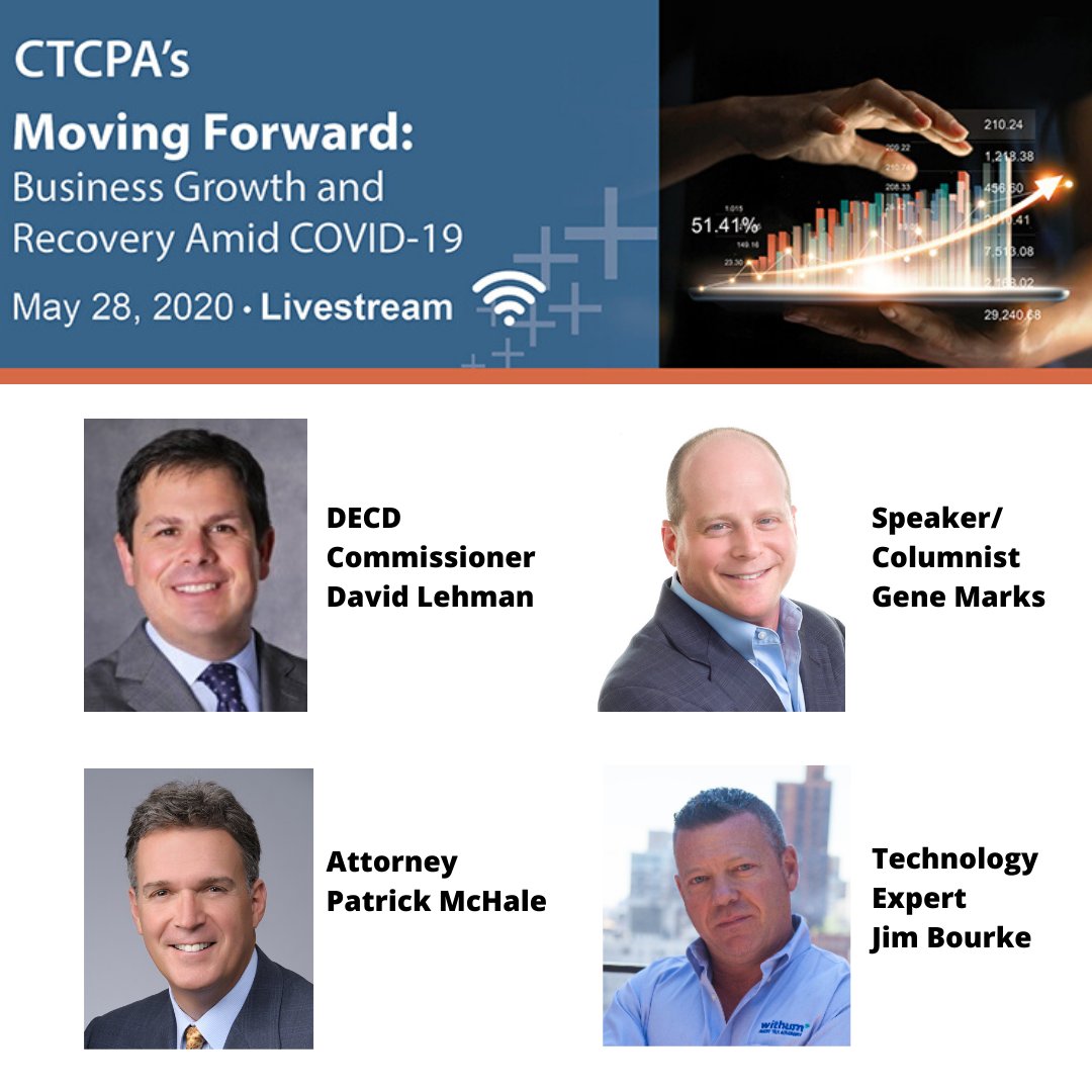 ConnecticutCPAs's tweet photo. After the crisis, companies can recover & thrive. This 1/2-day conference pulls together all the experts to help you move forward: @CTDECD Commissioner David Lehman, @genemarks, Patrick McHale of @kem_law, and Jim Bourke of @WithumCPA. https://t.co/AnrkJa9GqQ #TransformWithCTCPA https://t.co/IFVWBYHAdC