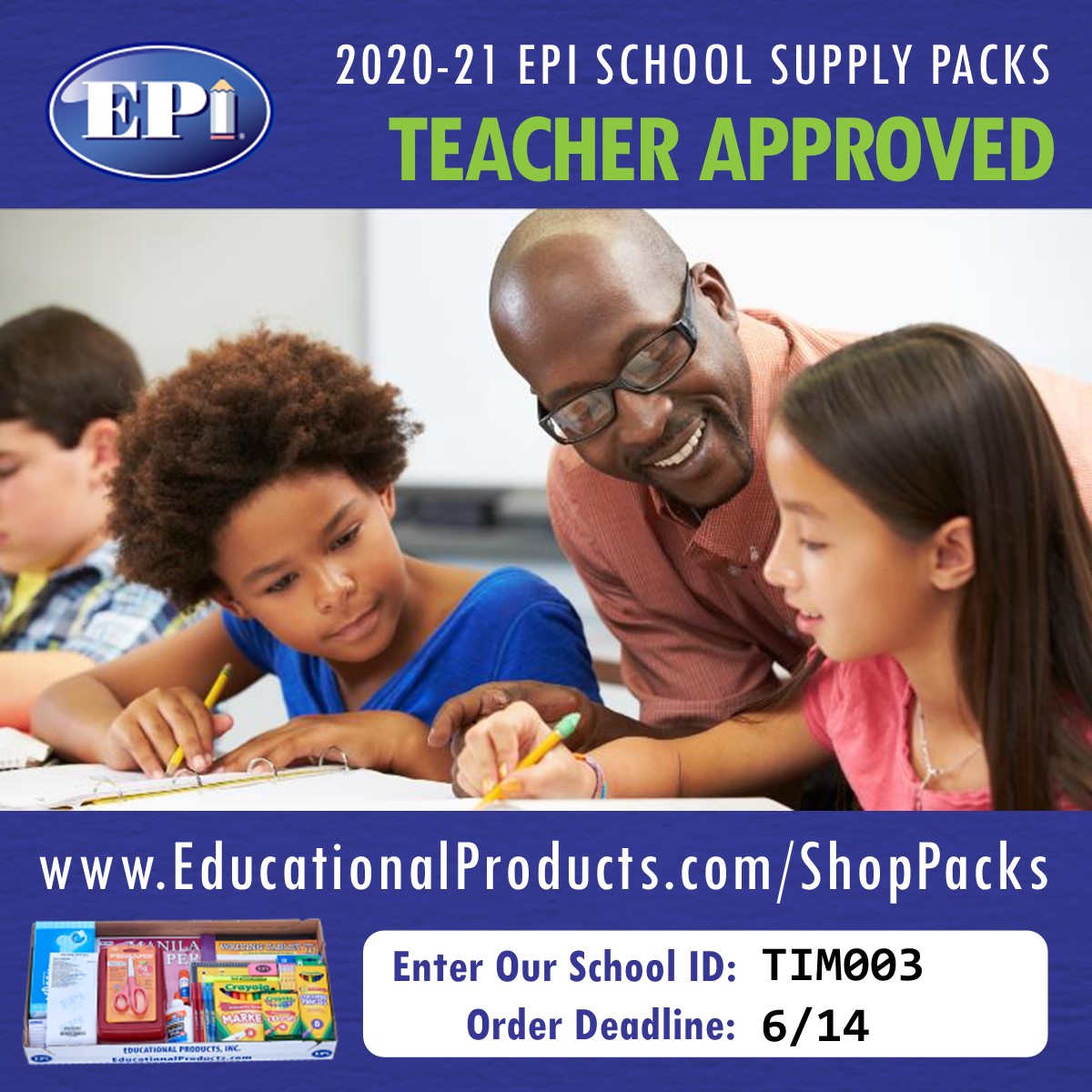 TimberCrElemPTA's tweet photo. The smart choice this year is to order EPI school supply packs. Avoid the trips to multiple stores to get all the items on your school supply list. Just order a pack online to get all the teacher approved items and brands for the 2020-21 school year. Order now with our School
… https://t.co/j4hO1o78Cp