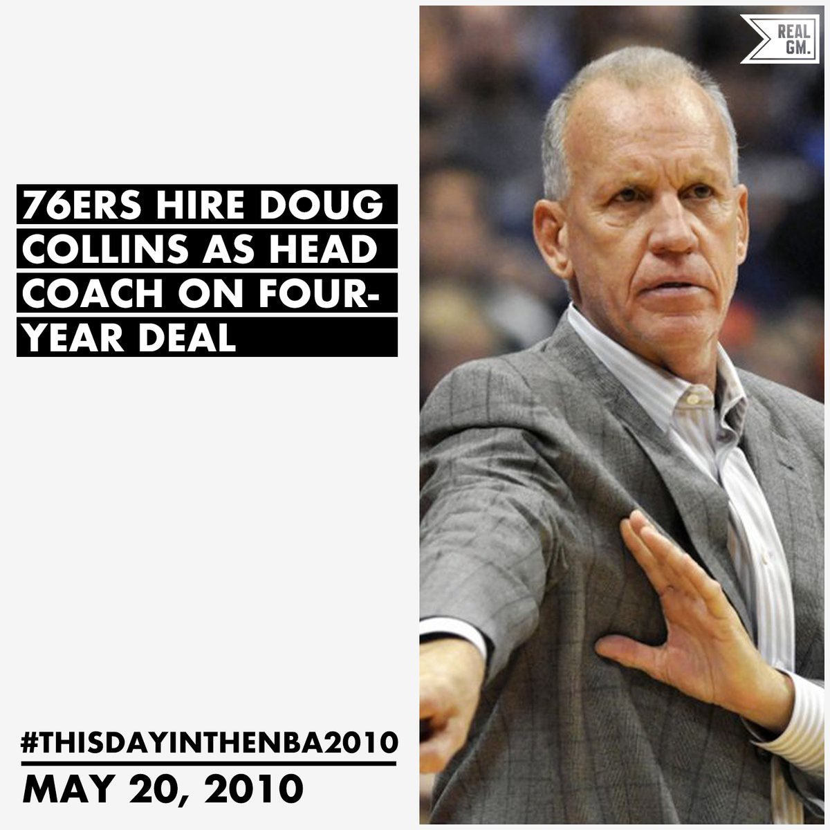  #ThisDayInTheNBA2010May 20, 201076ers Hire Doug Collins As Head Coach On Four-Year Deal https://basketball.realgm.com/wiretap/204023/76ers-Hire-Doug-Collins-As-Head-Coach-On-Four-Year-Deal