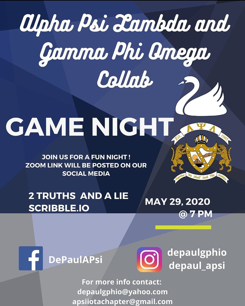 DePaul_APsi's tweet photo. Join us and @depaulgphio for a fun game night! Contact us for more info. Link will be posted Friday. Hope to see you there! 🐆🦢 https://t.co/HLfmJR3juA