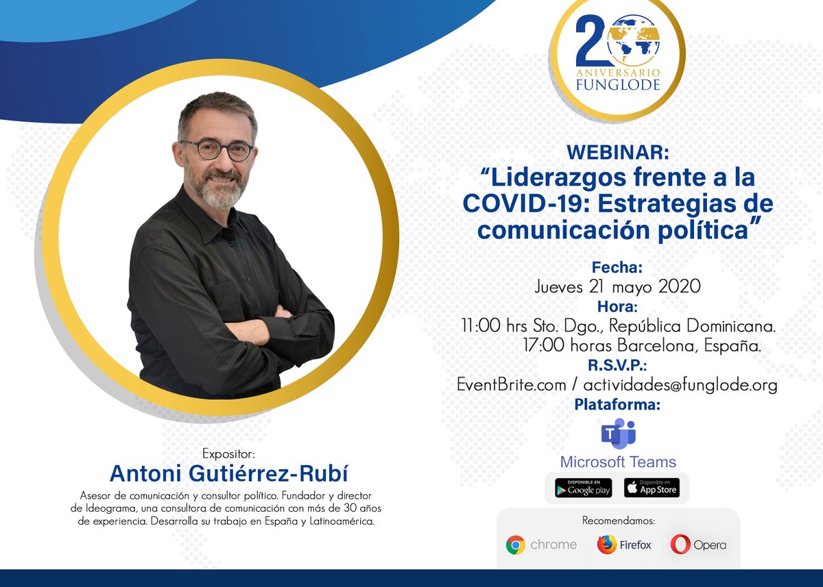FUNGLODE's tweet photo. El asesor de comunicación de @ideograma, @antonigr, impartirá el seminario web “Liderazgos frente a la COVID-19: Estrategias de comunicación política”.
🗓️Mañana, jueves 21.
⏰11:00 a.m. (Hora República Dominicana). 
      17:00 h. (Hora peninsular, España).
💻Por Microsoft Teams. https://t.co/Slop7TJxze