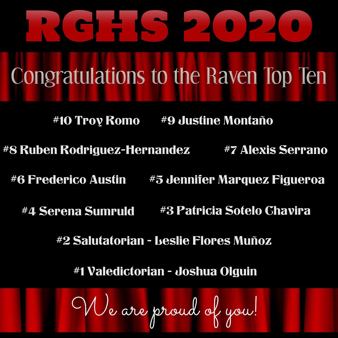 RGHSAlumniAssoc's tweet photo. Congratulations to the RGHS Top Ten!!
Way to go Ravens!! 
#southvalleypride #Ravens #burquesbest 
@RavensRGHS @APSEdFoundation @APSLZ2 https://t.co/Dt4FNYxEjd