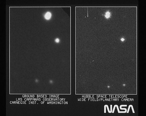 The Hubble Space Telescope sent its first image back to Earth  #OTD in 1990.Ground Image: E. Persson (Las Campanas Observatory, Chile)/Observatories of the Carnegie Institution of WashingtonHubble Image: NASA, ESA, and STScI