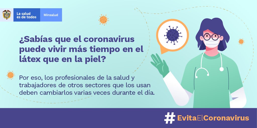 MinSaludCol's tweet photo. Los guantes de látex no te mantienen protegido del coronavirus y, por el contrario, pueden generarte una falsa sensación de seguridad. Las medidas más efectivas para no contagiarte son el lavado de manos frecuente, la distancia física y el uso de tapabocas. #EvitaElCoronavirus https://t.co/WIwOZtG1Hc