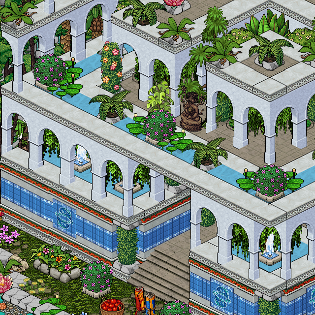 Habbo's tweet photo. Two takes here of the Hanging Gardens of Babylon. 🪴

@BlairWorldof @NaplesDevil did a great job recreating this ancient wonder.

#Habbo https://t.co/TZT9XsAdeo