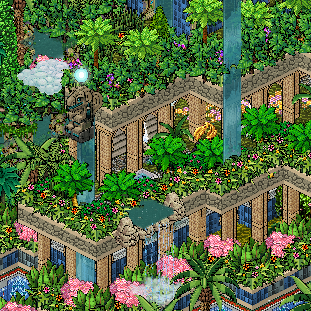 Habbo's tweet photo. Two takes here of the Hanging Gardens of Babylon. 🪴

@BlairWorldof @NaplesDevil did a great job recreating this ancient wonder.

#Habbo https://t.co/TZT9XsAdeo
