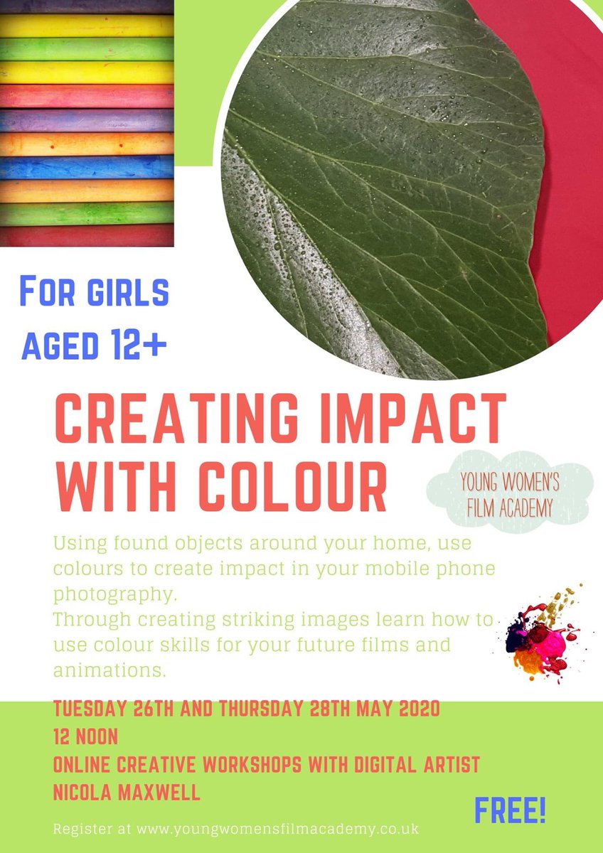 It's half term next week and fear not, we are back with another fab set of creative workshops to keep you busy! Join digital artist Nicola Maxwell in some amazing colour workshops for mobile phone photography. Register online at youngwomensfilmacademy.co.uk for young women aged 12+