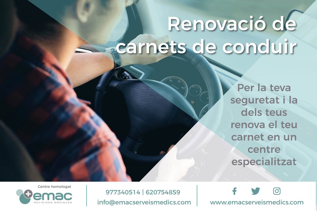 EMAC ha tornat a obrir les portes! Si durant aquestes setmanes t'ha caducat la teva llicencia de conduir o et caduca properament, ja pots venir al nostre centre a renovar-t'ho. 

Reserva cita per les següents vies:
☎️977340514
💻info@emacserveismedics.com