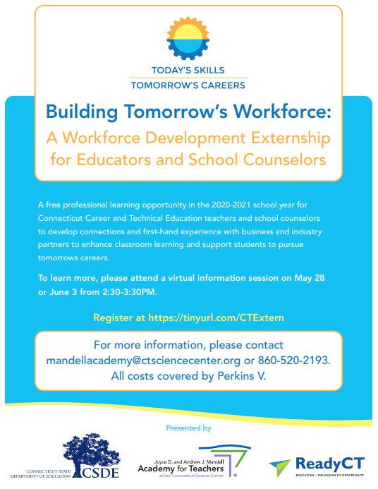 Career/Tech Teachers: For you, an EXCITING <a href="/EducateCT/">CT Dept of Education</a>/ <a href="/CTScienceCenter/">Connecticut Science Center</a> free #externship opportunity. Enhance your instruction with first-hand experience in high-demand industries. Register to attend an info session: ow.ly/YPTz50zLuOf #careerconnected