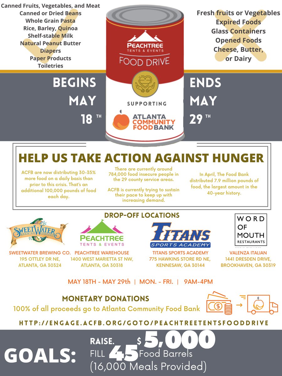 Help us take action against hunger! Until May 29th you can drop off your nonperishable items at: @peachtreetents <a href="/sweetwaterbrew/">SweetWater Brewery</a> and Valenza Italian in Brookhaven.

To learn more about food needs, community stats, drop off locations and more visit: peachtreetents.com/blogs/news

<a href="/ACFB/">Atlanta Community Food Bank</a>