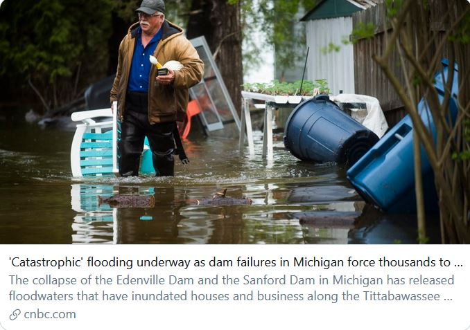 Michigan: cascading, compounding crises.COVID-19, dam failures, and flooding that threatens a Dow Chemical Facility "linked to a Superfund site because of the presence of the carcinogenic chemical dioxin in the riverbed downstream of the plant" https://twitter.com/emma_newburger/status/1263135650796261377