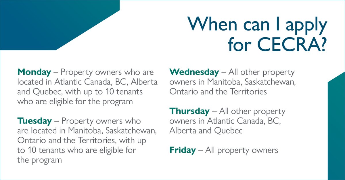 CMHC_ca's tweet photo. Applications for #CECRA are open as of May 25th. Make sure you know when you can apply 👇 &amp; get your documents ready: https://t.co/YmnqSMLPuS https://t.co/WvrHlTpJj0