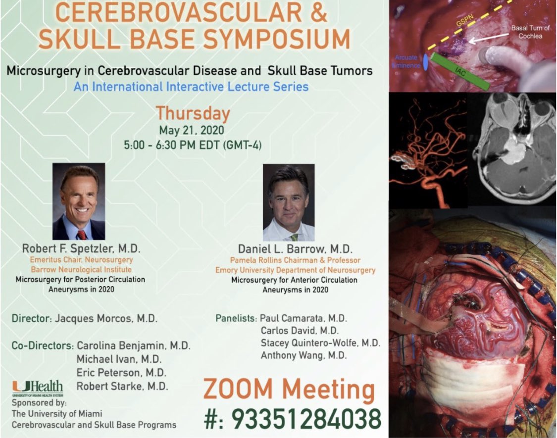AmerMalikMD's tweet photo. #JacquesMorcos of @UMneurosurgery is planning an excellent #virtualeducation #neurovascular series. Upcoming speakers are @RFSpetzler @BarrowNeuro and #DanBarrow @emoryhealthcare || @UMiamiHealth @JacksonHealth @umiamimedicine @StrokeMiami @SkullBaseDocs @AANSNeuro @CNS_Update https://t.co/yxZNEiqAN3