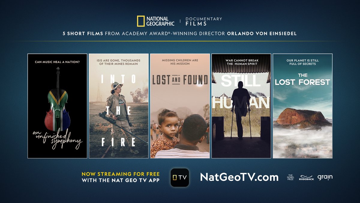 From Academy Award-winner Orlando Von Eisendiel, we're proud to present five powerful Nobel Peace Prize documentary shorts - now streaming for free on natgeotv.com and the Nat Geo TV app. #LostAndFound #IntoTheFire #AnUnfinishedSymphony #TheLostForest #StillHuman