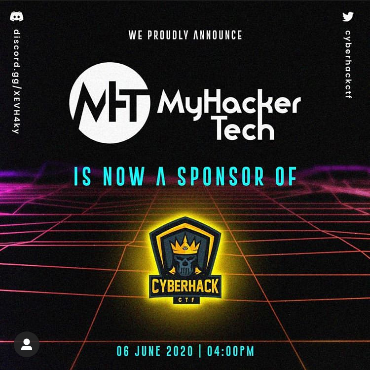 cyberhackctf's tweet image. We are proud to have
@MyHackerTech
as one of our sponsors in CyberHackCTF 2020!
This is gonna be crazy fun for everyone out thereSmiling face with smiling eyesFace savouring food Stay tuned for more updatesFireFireFire Join cyberhack.tech