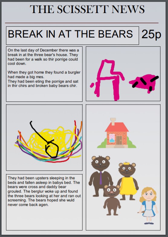 Scissett CE Academy (@scissettacademy) on Twitter photo Look how amazing this Year 1 writer is! She has used <a href="/purpleMash/">Purple Mash</a> to create a newspaper report following a break in at the three bears house Look how amazing this Year 1 writer is! She has used <a href="/purpleMash/">Purple Mash</a> to create a newspaper report following a break in at the three bears house