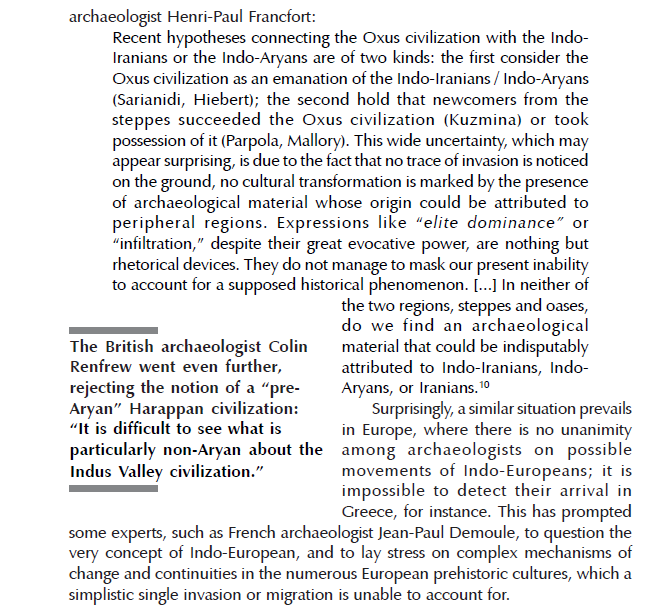 1, 2. No archaeological evidence of movements of Aryans outside India3, 4. Unanimity among archaeologists: cultural continuity