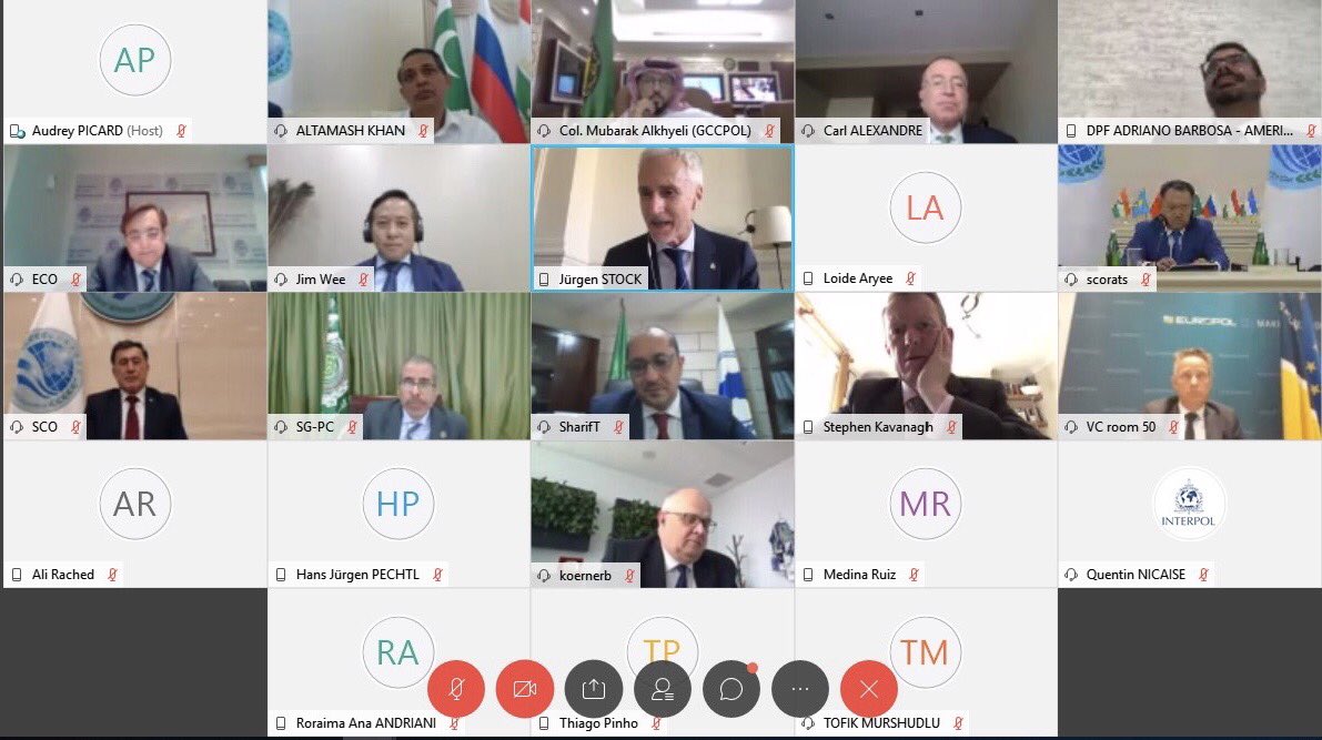 INTERPOL_SG's tweet photo. Delighted to welcome leaders from regional organizations for our Dialogue to discuss how #COVID19 is affecting the security landscape. The need for law enforcement cooperation to keep pace with these evolving and unexpected threats has never been greater. https://t.co/76p844DZEr