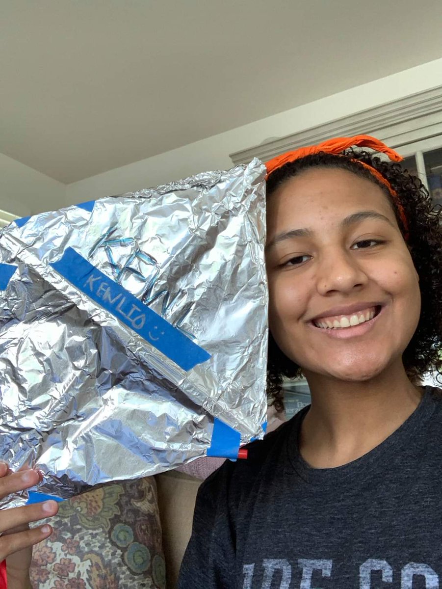 MiddleburgAcdmy's tweet photo. #Geometry students made kites, which are a geometric shape with 2 sets of congruent sides &amp; perpendicular diagonals. Students reported on how well the kites flew. Kites needed to be made out of household materials, such as plastic bags or paper. Here's Naida's aluminum foil kite. https://t.co/pUSAfBEkJV