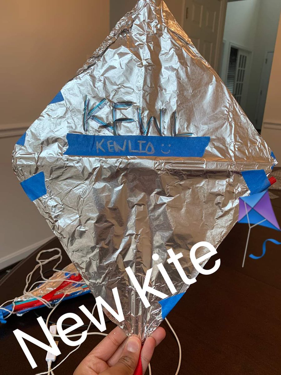 #Geometry students made kites, which are a geometric shape with 2 sets of congruent sides &amp; perpendicular diagonals. Students reported on how well the kites flew. Kites needed to be made out of household materials, such as plastic bags or paper. Here's Naida's aluminum foil kite.