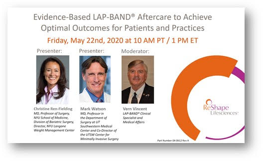 EnteroMedics's tweet photo. Dr. Christine Ren-Fielding (NYU) and Dr. Mark Watson (UTSW) will present Evidence-Based LAP-BAND® Aftercare to Achieve Optimal Outcomes for Patients and Practices on May 22 at 10:00 AM PDT/1:00 PM EST. Don’t miss this webinar!  Sign up here: https://t.co/U7RBo7gI1N https://t.co/1ouK6r0xeS