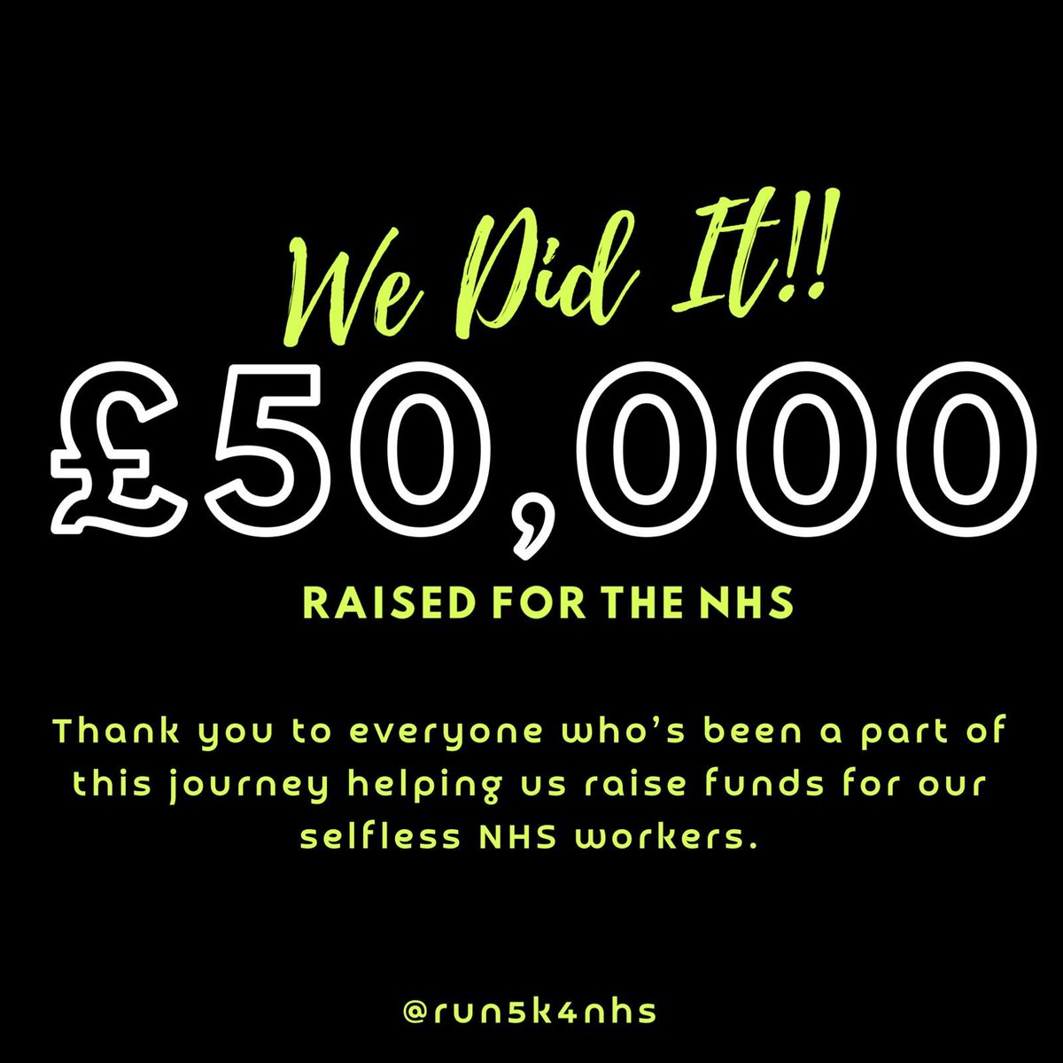 £50,000 RAISED FOR OUR NHS HEROES!! The Sussex football community have been united in recognising the efforts of the NHS staff during the COVID-19 pandemic. This is our way of showing our appreciation 💙. Thank you to everyone who has supported #RUN5K4NHS & donated. #NHS