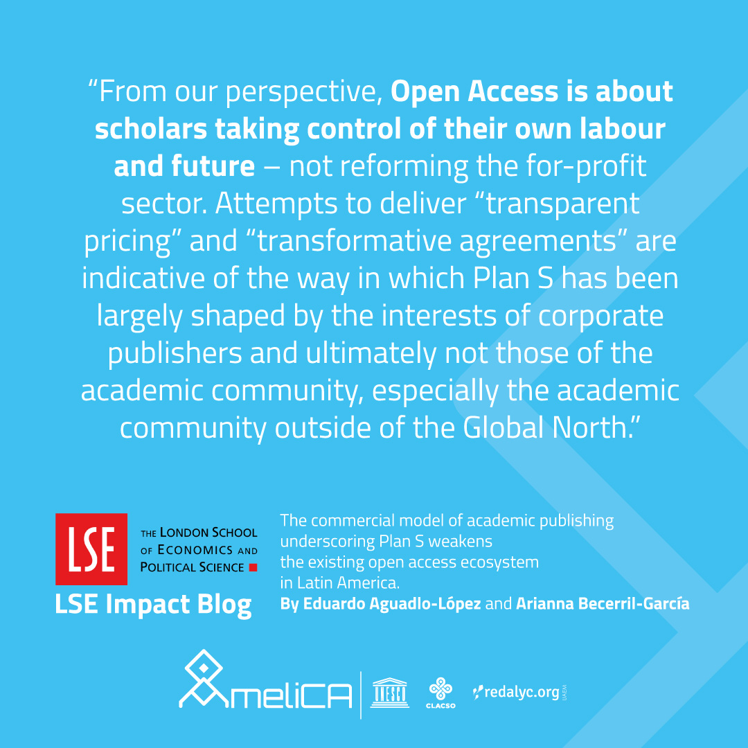 Redalyc's tweet photo. Les compartimos la siguiente entrada publicada en el blog de @LSEImpactBlog titulada “The commercial model of academic publishing underscoring Plan S weakens the existing open access ecosystem in Latin America”

Disponible aquí: 
https://t.co/CA7LJjz5GR https://t.co/acV0Vlzxom
