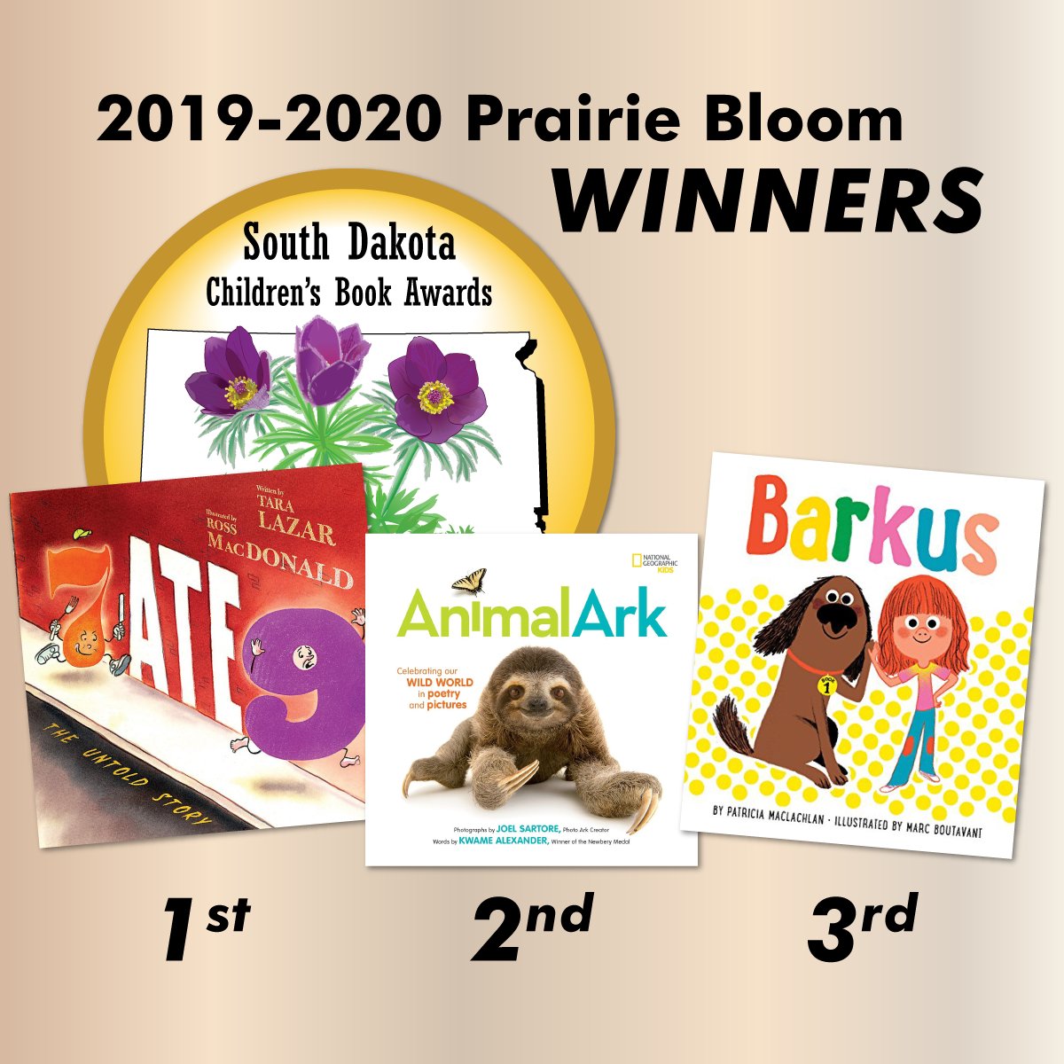 LibrarySD's tweet photo. Congrats to the SD Children's Book Awards: #PrairieBloom Winners!
1st: 7 Ate 9 by @taralazar
2nd: Animal Ark by @kwamealexander @MaryRandHess and @poetnikaido
3rd: Barkus by Patricia MacLachlan
#SDSummerReading2020 https://t.co/RaWCJu4vKA