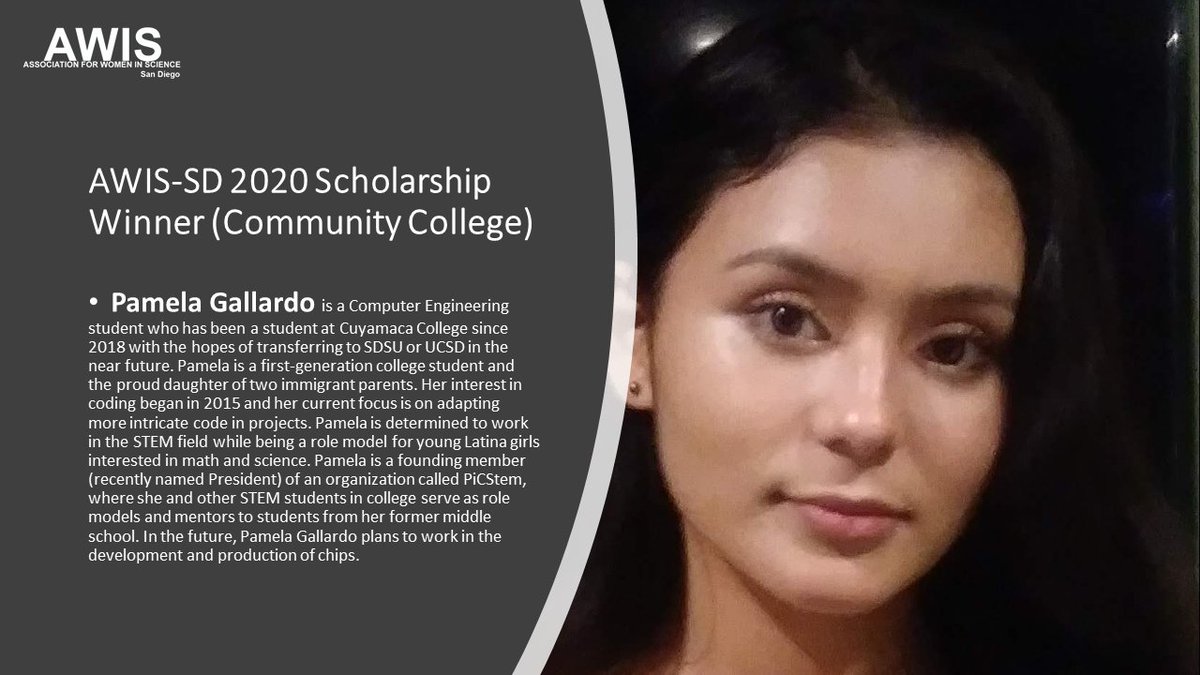 AWISsd's tweet photo. Please join us in congratulating our latest AWIS San Diego 20th Anniversary Scholarship Winner Pamela Gallardo. Pamela is a Computer Engineering student and we are honored to recognize her dreams and achievements! #WomenInSTEM #Scholarship #AWISSD https://t.co/PiAg6bXtR5