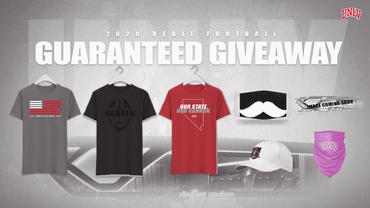 Bischoff_Tyler's tweet photo. UNLV’s giveaways for the 2020 football season include a Hey Reb mustache facemask and a “Our State. Our Cannon.” shirt. 

UNLV season ticket holders can get these items for $45. 

Plus up to 1,000 will be given away at each home game as well. https://t.co/z0mhkMJbTE