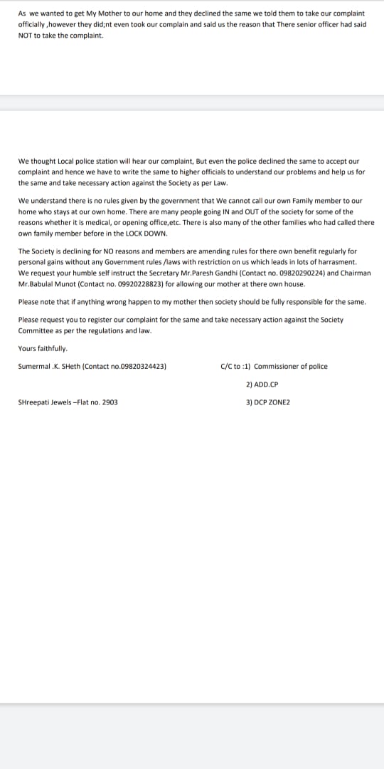 Please Help get my mother at my home. Please check attached complaint letter and Help urgently <a href="/dcpzone2/">DCP ZONE 2</a> <a href="/MumbaiPolice/">मुंबई पोलीस Mumbai Police</a> <a href="/AUThackeray/">Aaditya Thackeray</a> <a href="/CPMumbaiPolice/">Commissioner of Police, Greater Mumbai</a>