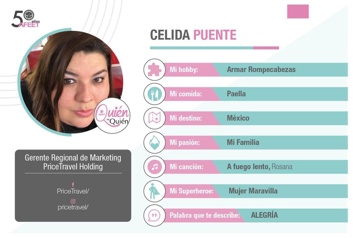 #QuiénEsQuién
Celida Puente, forma parte de la Mesa Directiva de #AFEET Nacional 2020, nos comparte algunos datos personales para conocerla mejor.
#TodasSomosAFEET