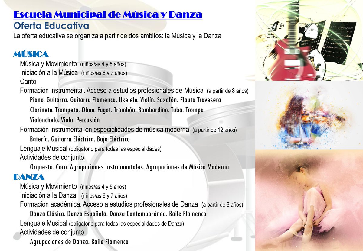 EMMusicaVelez's tweet photo. 🚨PLAZO DE MATRICULACIÓN🚨
Os informamos de que a partir del próximo viernes 22 de mayo abrimos el plazo para matricularse en nuestra Escuela.
¡Os ofrecemos más de 20 especialidades entre 🎶 MÚSICA 🎶 y 💃 DANZA🕺! 
¡¡¡Y como novedad, contaremos con la especialidad de Canto!!! https://t.co/WpEycpbc0L