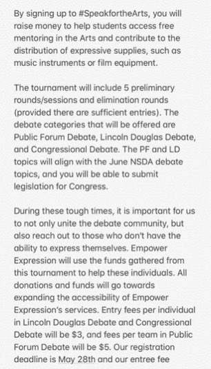 EmpowerExpress's tweet image. Sign up for the #SpeakfortheArts HS/alumni Online debate tournament! It’s a fundraiser for Empower Expression, a nonprofit that provides free mentoring in the Arts. We’re offering PF, LD, and Congress. SpeakfortheArts.tabroom.com