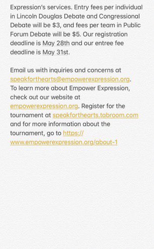 EmpowerExpress's tweet image. Sign up for the #SpeakfortheArts HS/alumni Online debate tournament! It’s a fundraiser for Empower Expression, a nonprofit that provides free mentoring in the Arts. We’re offering PF, LD, and Congress. SpeakfortheArts.tabroom.com