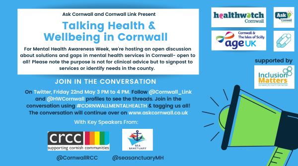 Cornwall_Link's tweet photo. Feel free to join us on Friday 22nd 3pm for a #chat about #Cornwallmentalhealth services - What #Cornwall has and What it needs! Open to all. Key speakers include @seasanctuaryMH and @CornwallRCC . Please join in and RT! #CharityHour #cornwallhour #CornwallTogether https://t.co/bU9UcEjRIl