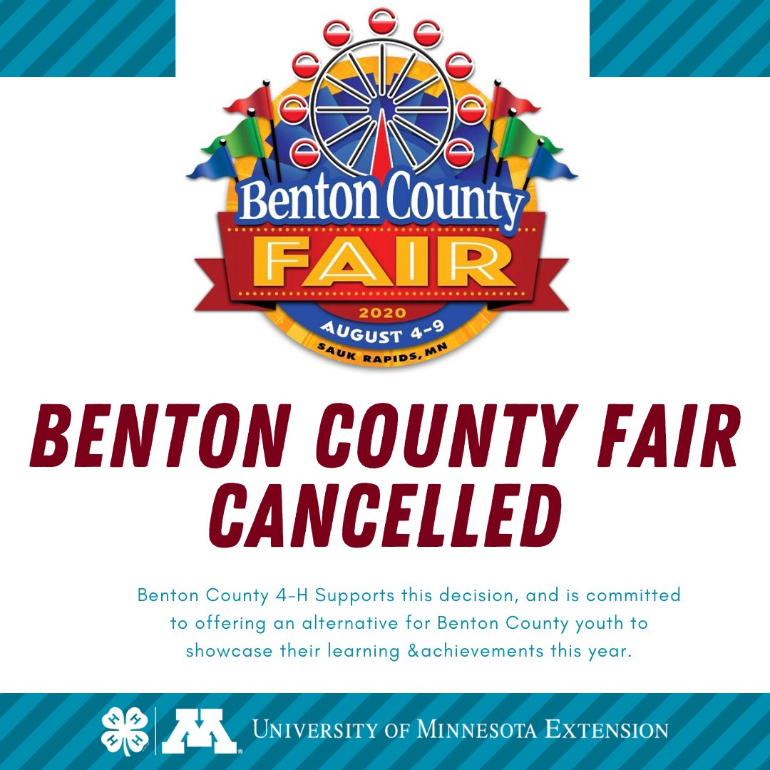 benton_4H's tweet photo. The Benton County Fair Board has made the difficult decision to cancel the 2020 Benton County Fair due to the COVID-19 pandemic. We are committed to offering an alternative for Benton County youth to showcase their learning and achievements. https://t.co/enSIBF7glH