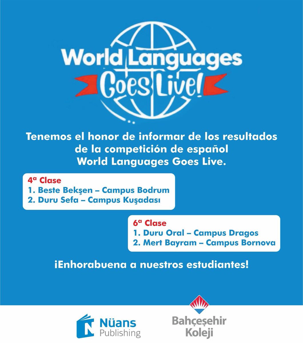"World Languages Goes Live!" yarışmasını kazanan öğrencilerimiz belli oldu. Bu büyük başarılarını kutlar ve tebrik ederiz. İspanyolca dilinde: 
4. Sınıf birincimiz: Bodrum Kampüsü – Beste Bekşen
6. Sınıf birincimiz: Dragos Kampüsü - Duru Oral 👏🏻👏🏻👏🏻