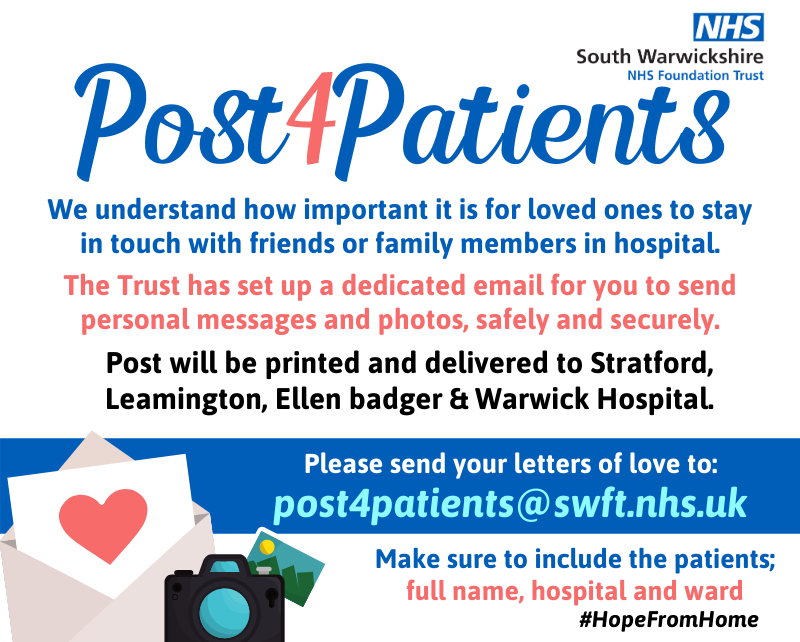 nhsswft's tweet image. Whether you have friends or family currently in hospital
@nhsswft or would like to cheer up patients unable to have visitors, the Trust has a dedicated email address for your messages and photos to be printed and delivered. post4patients@swft.nhs.uk #hopefromhome