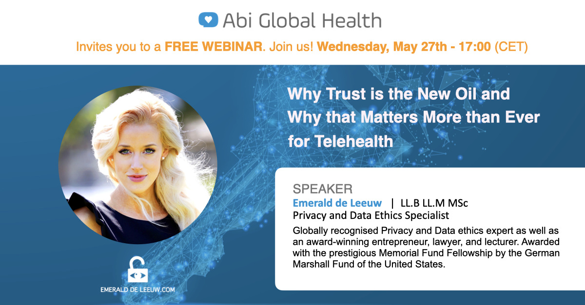 AbiGlobalHealth's tweet photo. We are delighted to have @EmeraldDeLeeuw  as a speaker for this #FreeWebinar: Why trust is the new oil and why that matters more than ever for #telehealth. 

📌 Wednesday, May 27th | 17:00 (CET)

Join us! https://t.co/dBxBJiNafe

#dataprotection #webinar #HealthTech #Covid_19 https://t.co/pmRJewwbRd